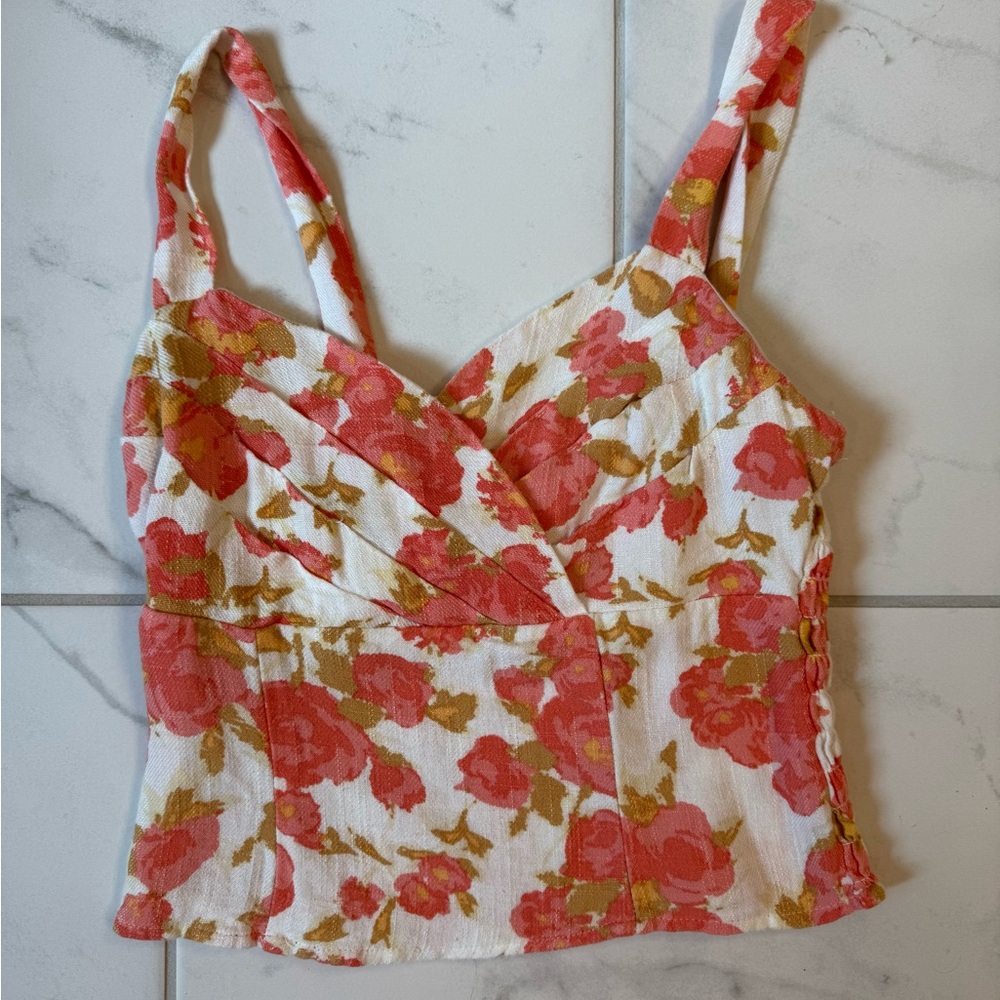 Linen blend floral top - White and Pink